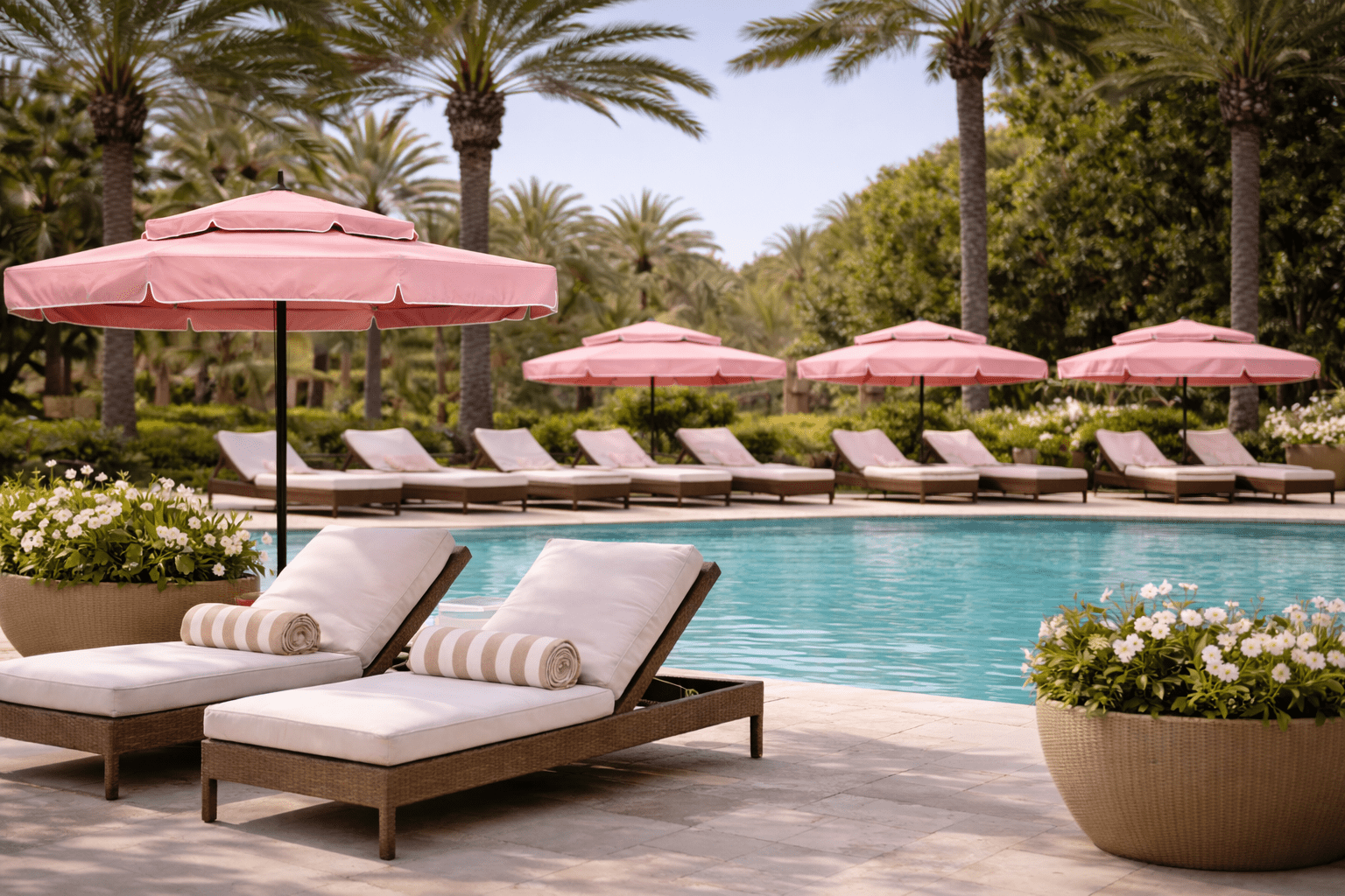 Commercial poolside umbrellas and hospitality outdoor seating