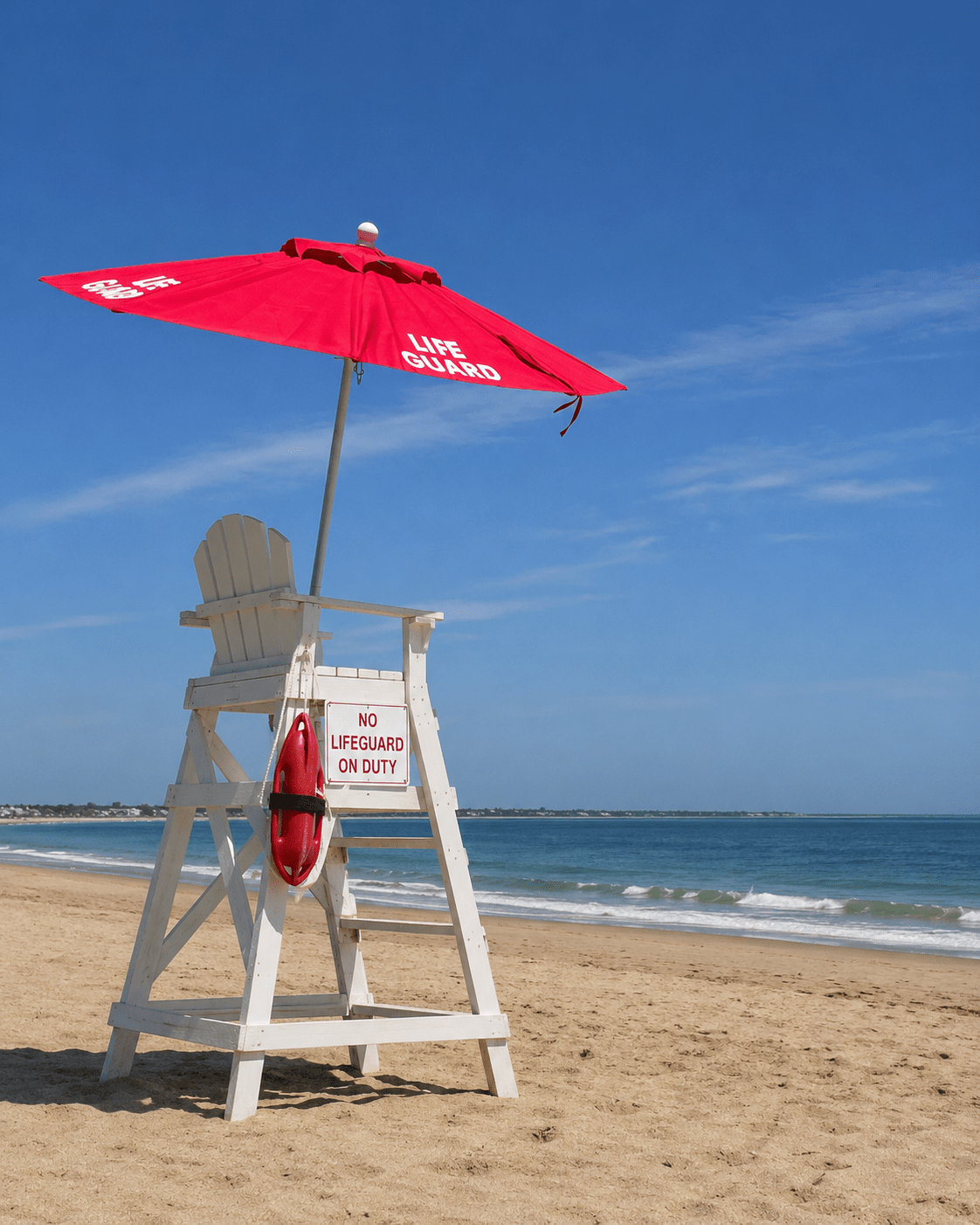 Beach lifeguard chair shaded by a Tilt the Pole umbrella