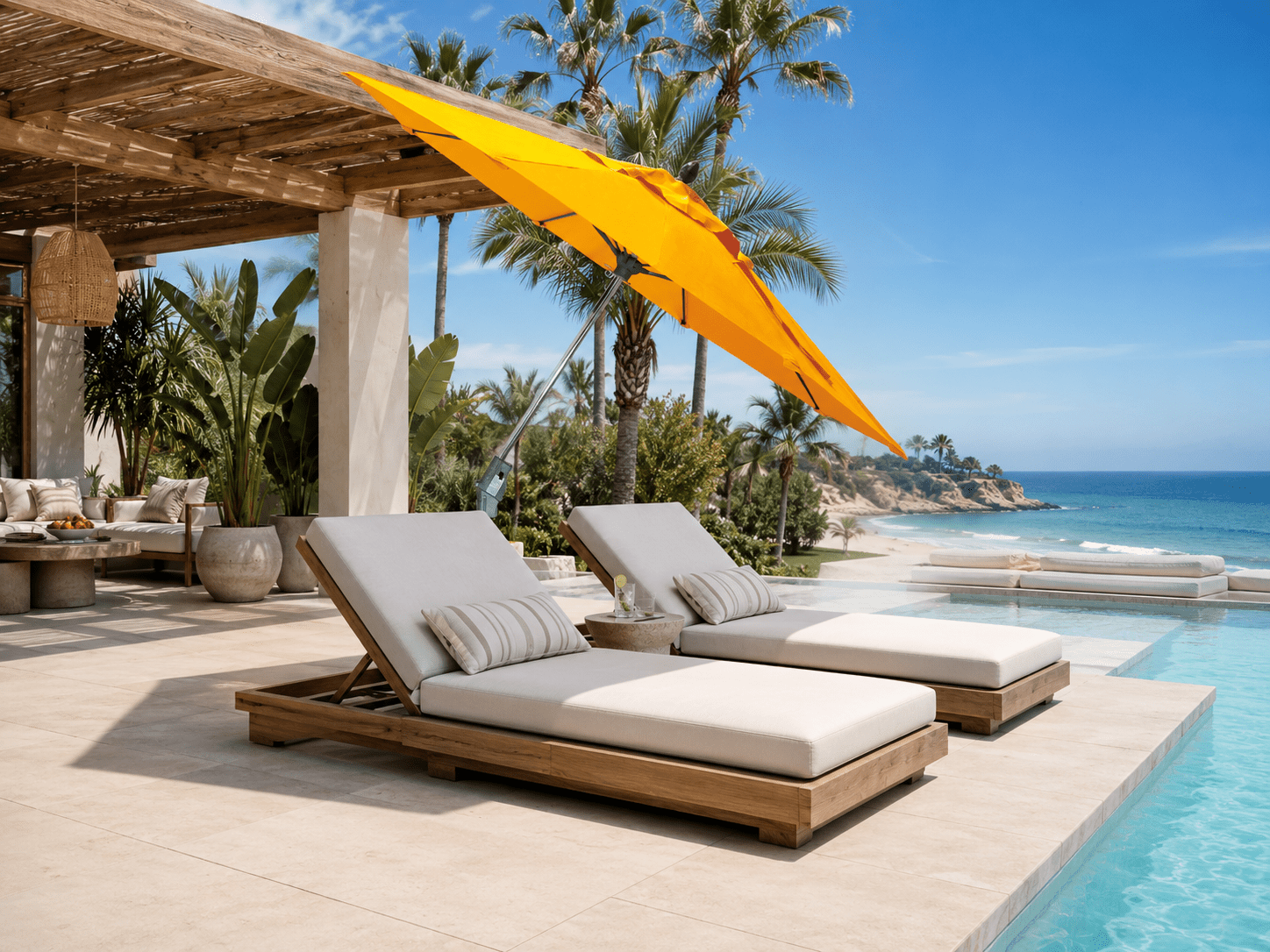 Tilt the Pole umbrella shading chaise lounges beside a pool