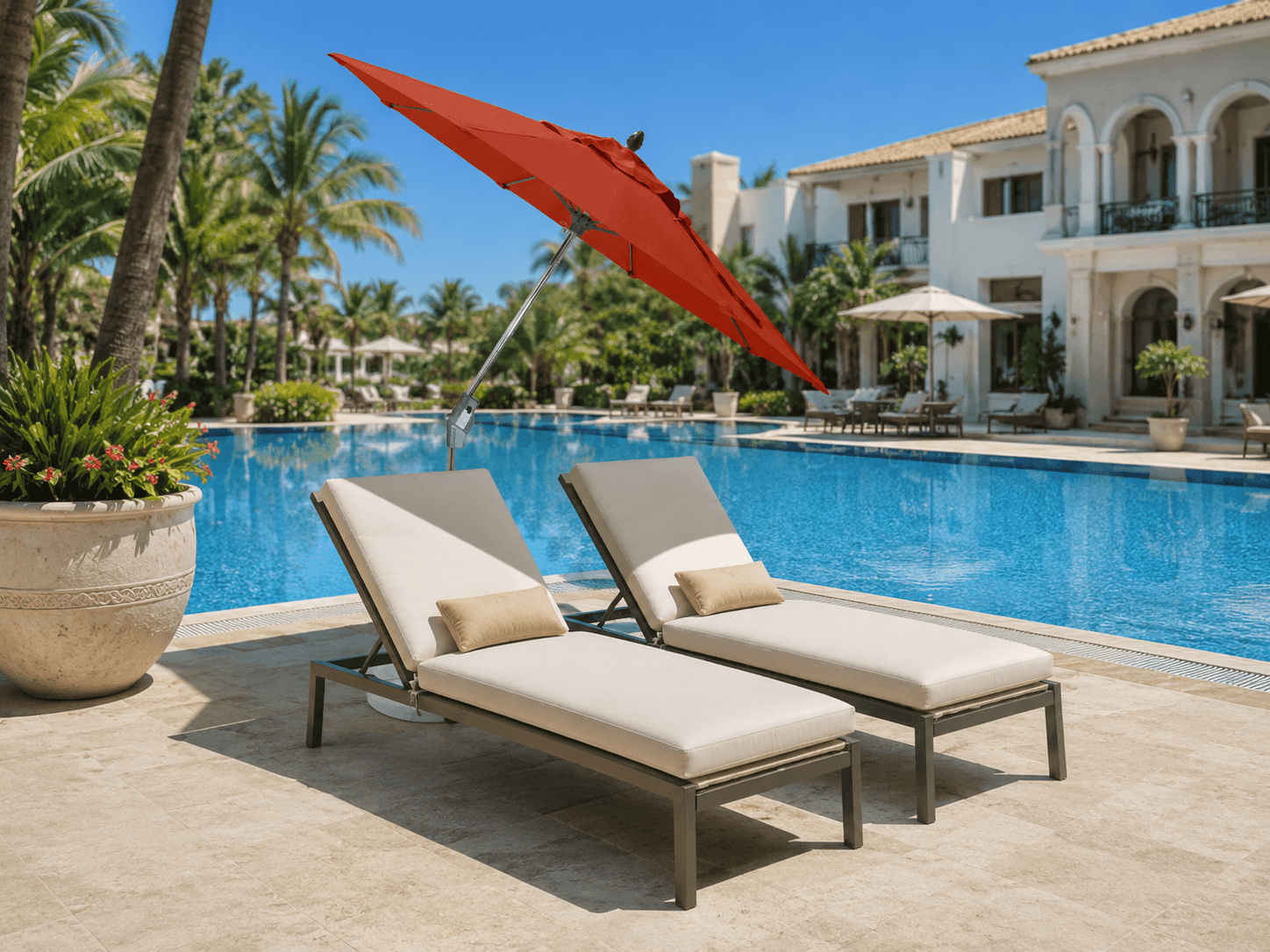 Tilt the Pole umbrella installed in a tropical pool area