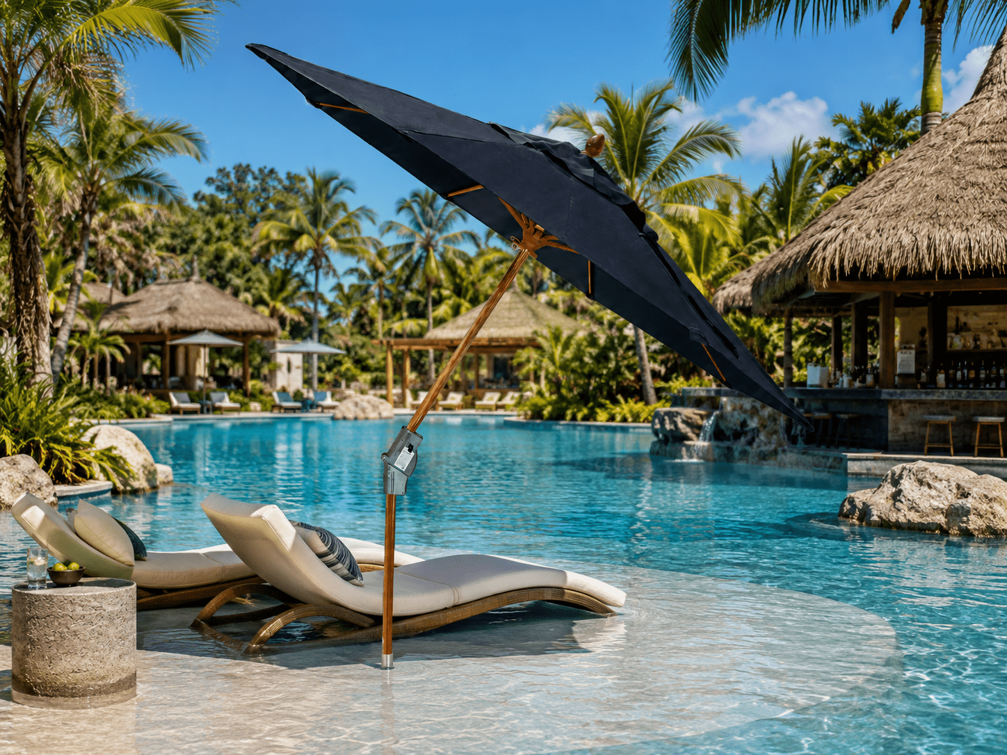 Tilt the Pole umbrella shading poolside lounge chairs
